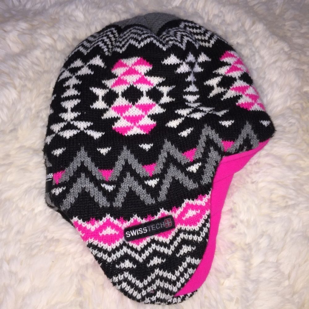 4/$20 Swiss Tech Knit Hat Ear Flaps Hot Pink Black One Size Fits Most